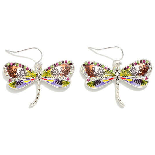 Painted Metal Dragonfly Drop Earrings