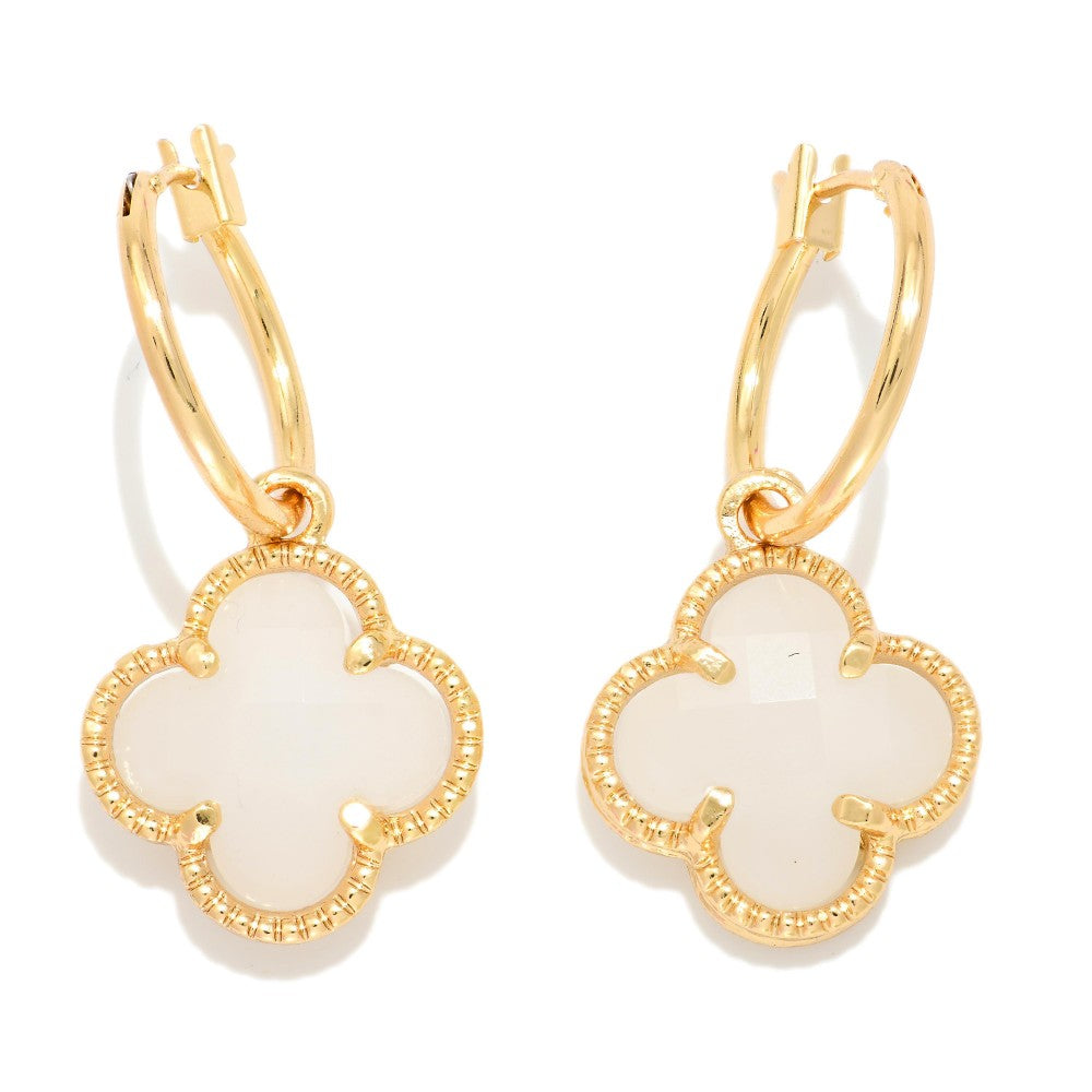 Metal Tone Hoop Earrings Featuring Glass Crystal Dangle Detail White