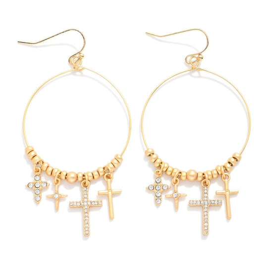 Metal Tone Beaded Wire Hoop Drop Earrings Featuring Rhinestone Crosses Gold