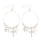 Metal Tone Beaded Wire Hoop Drop Earrings Featuring Rhinestone Crosses Silver