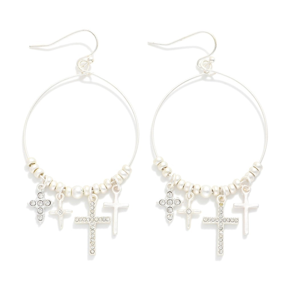 Metal Tone Beaded Wire Hoop Drop Earrings Featuring Rhinestone Crosses Silver