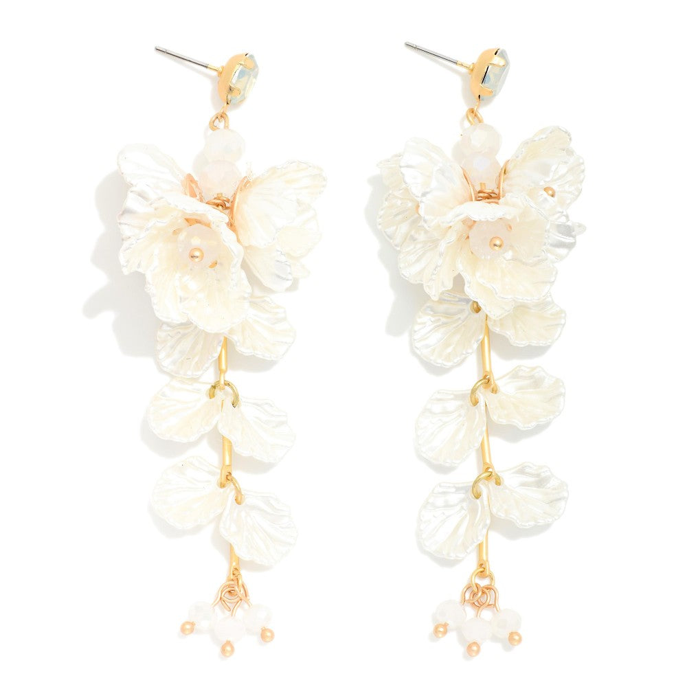 Pearlescent Linked Flower & Petal Post Drop Earrings White