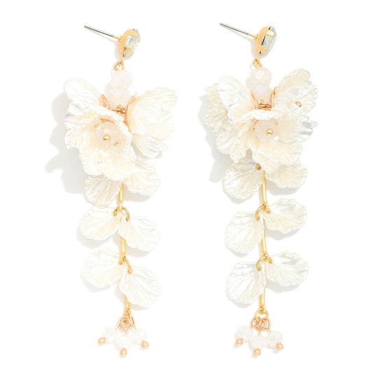 Pearlescent Linked Flower & Petal Post Drop Earrings White
