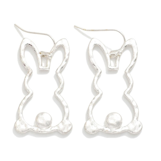 Hammered Metal Hollow Easter Bunny Post Drop Earrings Silver