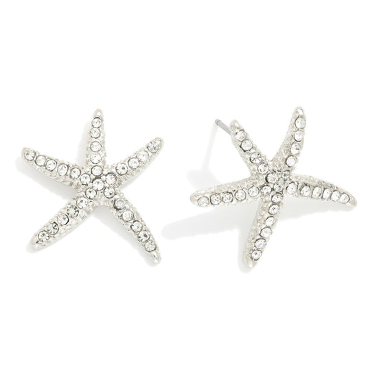 Studded Starfish Stud Earrings Crystal Silver