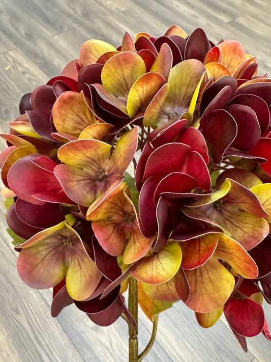 22" Artificial Hydrangea Stem –Fall Theme Large Bloom: Burgundy Brown