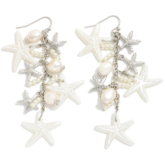 Metal Tone Chain Link Drop Earring Featuring Starfish Charms, Pearls & Metal Tones Silver