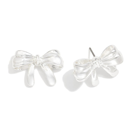 Chunky Metal Tone Bow Post Drop Earring Silver