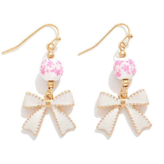 Chinoiserie Bead & Enamel Bow Drop Earrings Pink