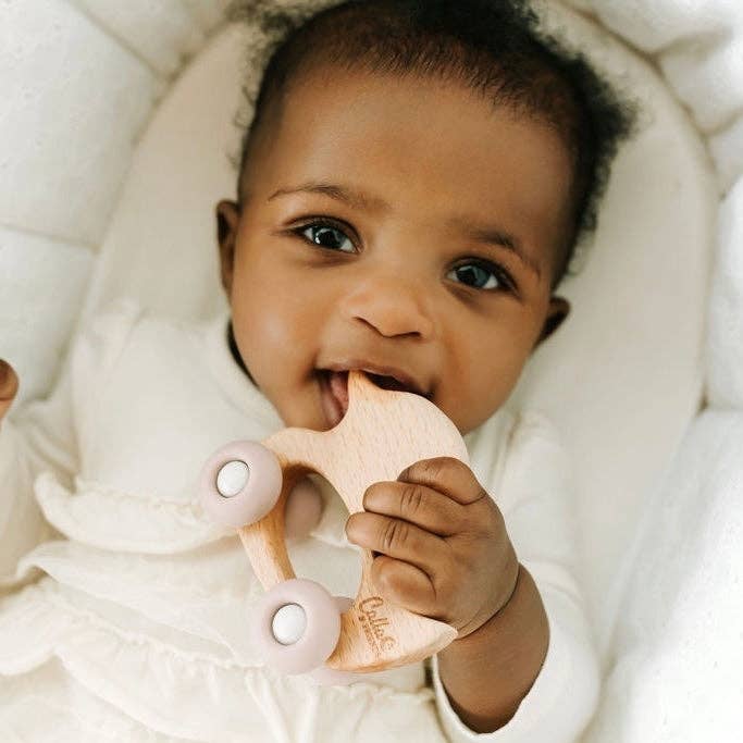 Duck Silicone & Beechwood Teether Toy: Petal Pink