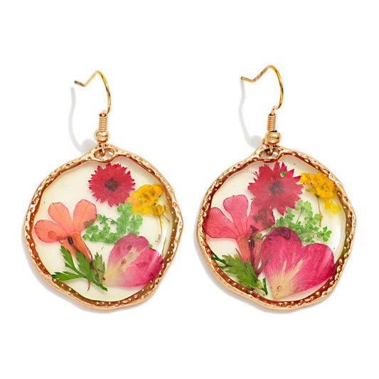 Circular Resin Flower Drop Earrings