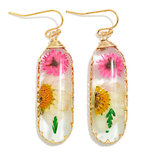 Long Oval Resin Flower Drop Earrings Default Title