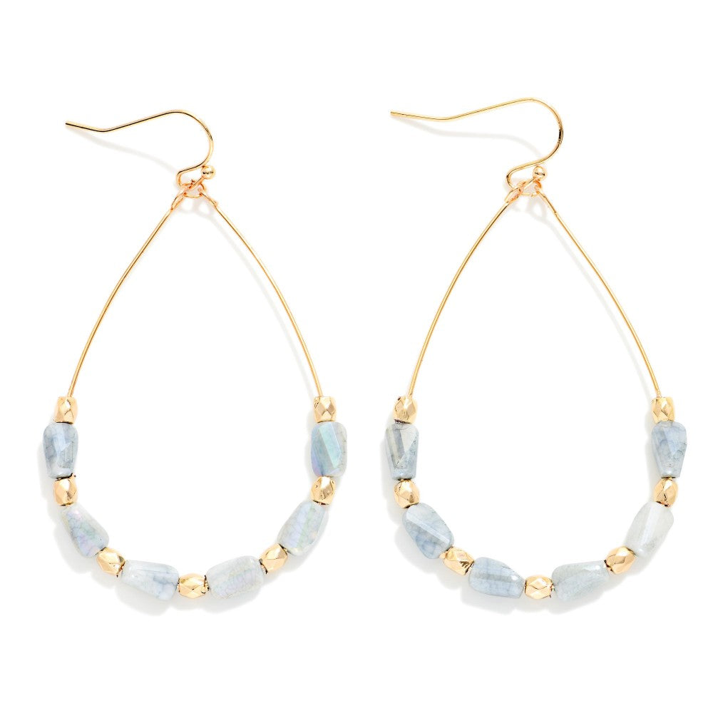Wire Teardrop Earrings Featuring Faceted Cylinder Beads Gray