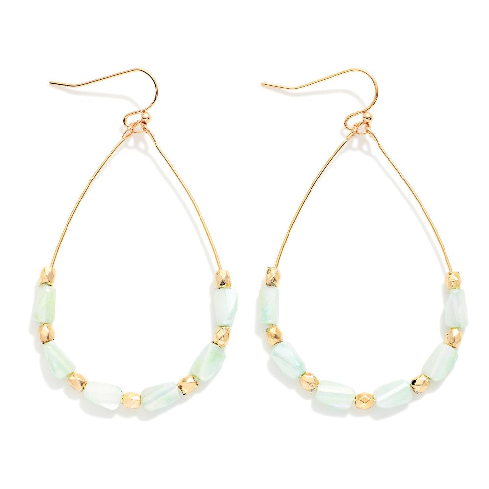 Wire Teardrop Earrings Featuring Faceted Cylinder Beads Mint