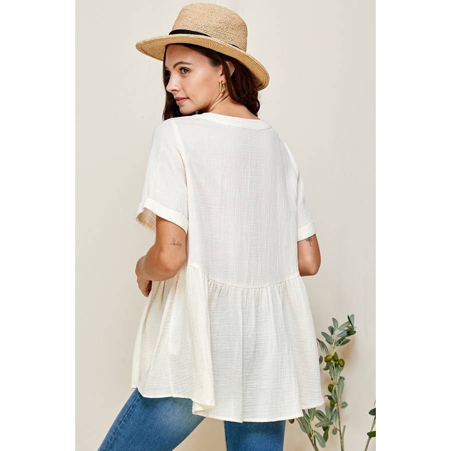 Loose Fit Ivory V-Neck Short Sleeve Button Down Top