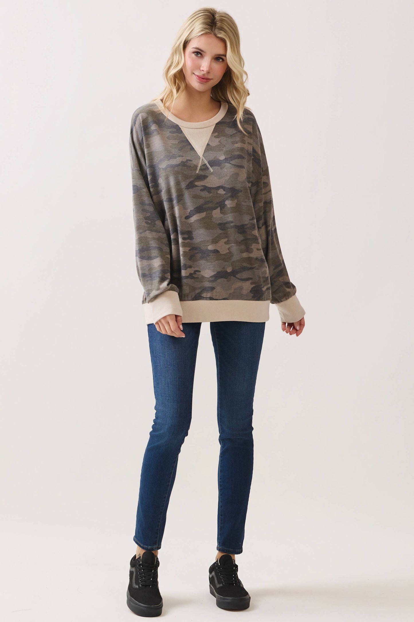 Camo Terry Knit Pullover Top: Camo/Beige