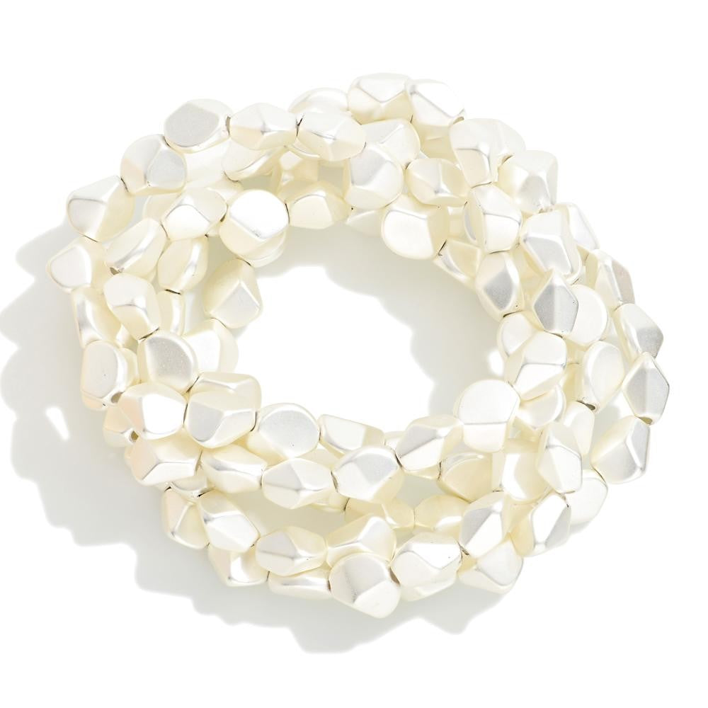 Set of Five Geometric Metal Tone Beaded Stretch Bracelets