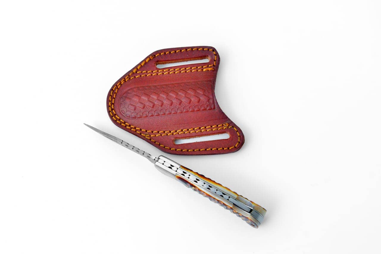 Stag Horn Style Damascus Folding Knife with Leather Sheath