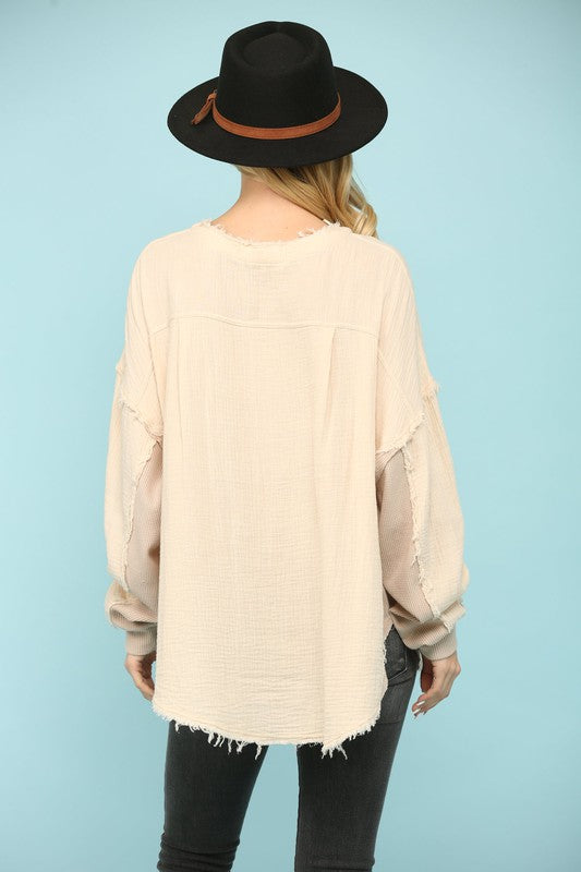 WAFFLE KNIT CONTRAST BASIC TOP Large