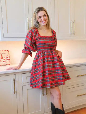 Simply Southern Red Plaid Puffed Sleeved Holiday Dress 2XL