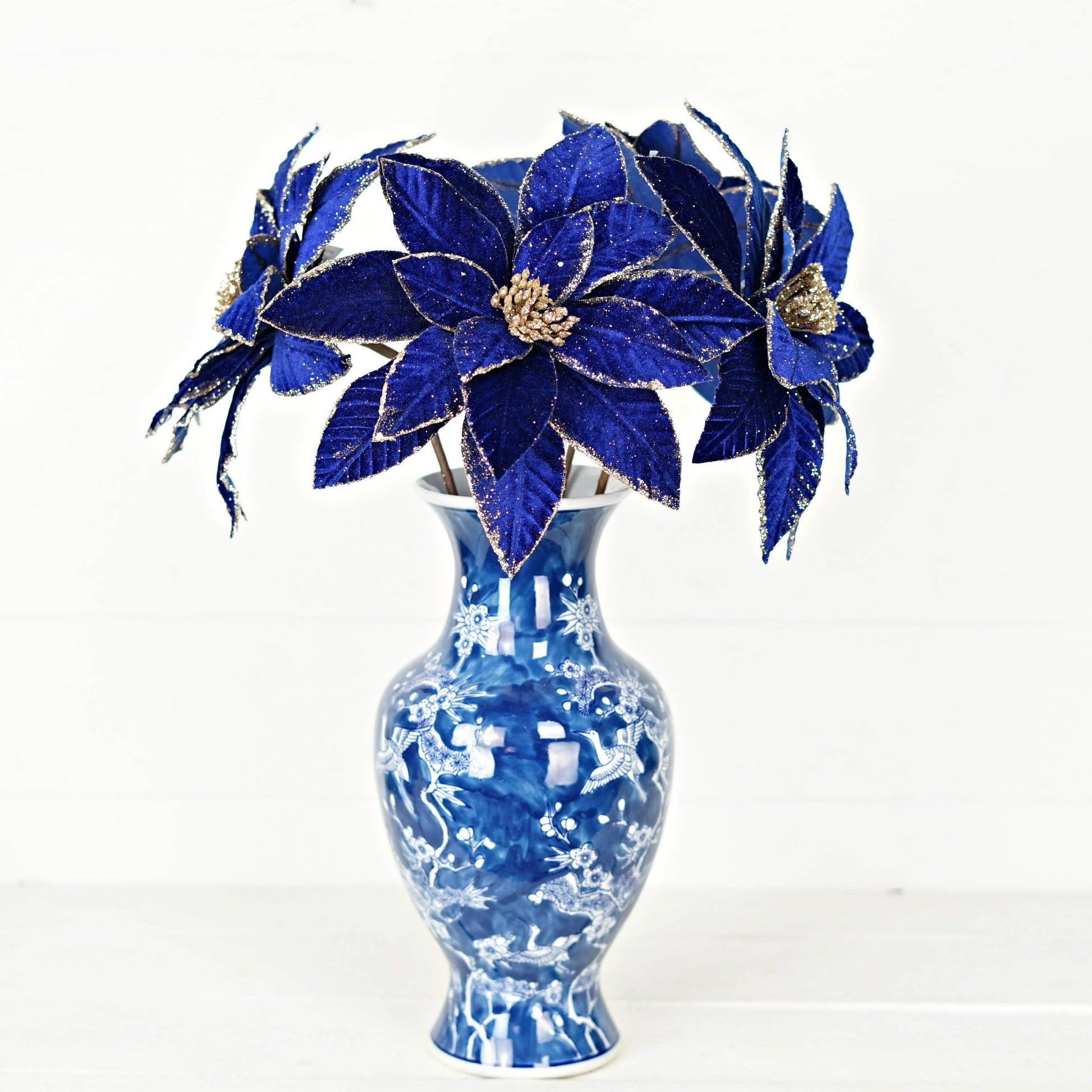 26Lx11D Fine Velvet Poinsettia w Glitter Edges-Blue