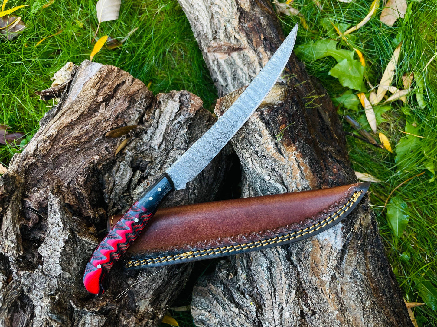 Damascus Steel Custom Flay Knife with Craved Grips TK-051