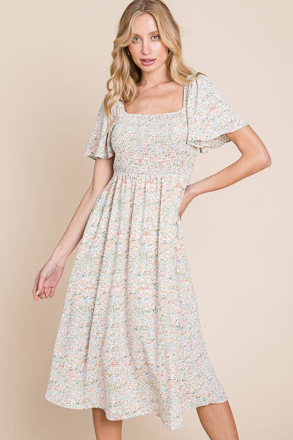 Floral Print Butterfly Sleeve Square Neck Smocked Midi Dress: CREAM
