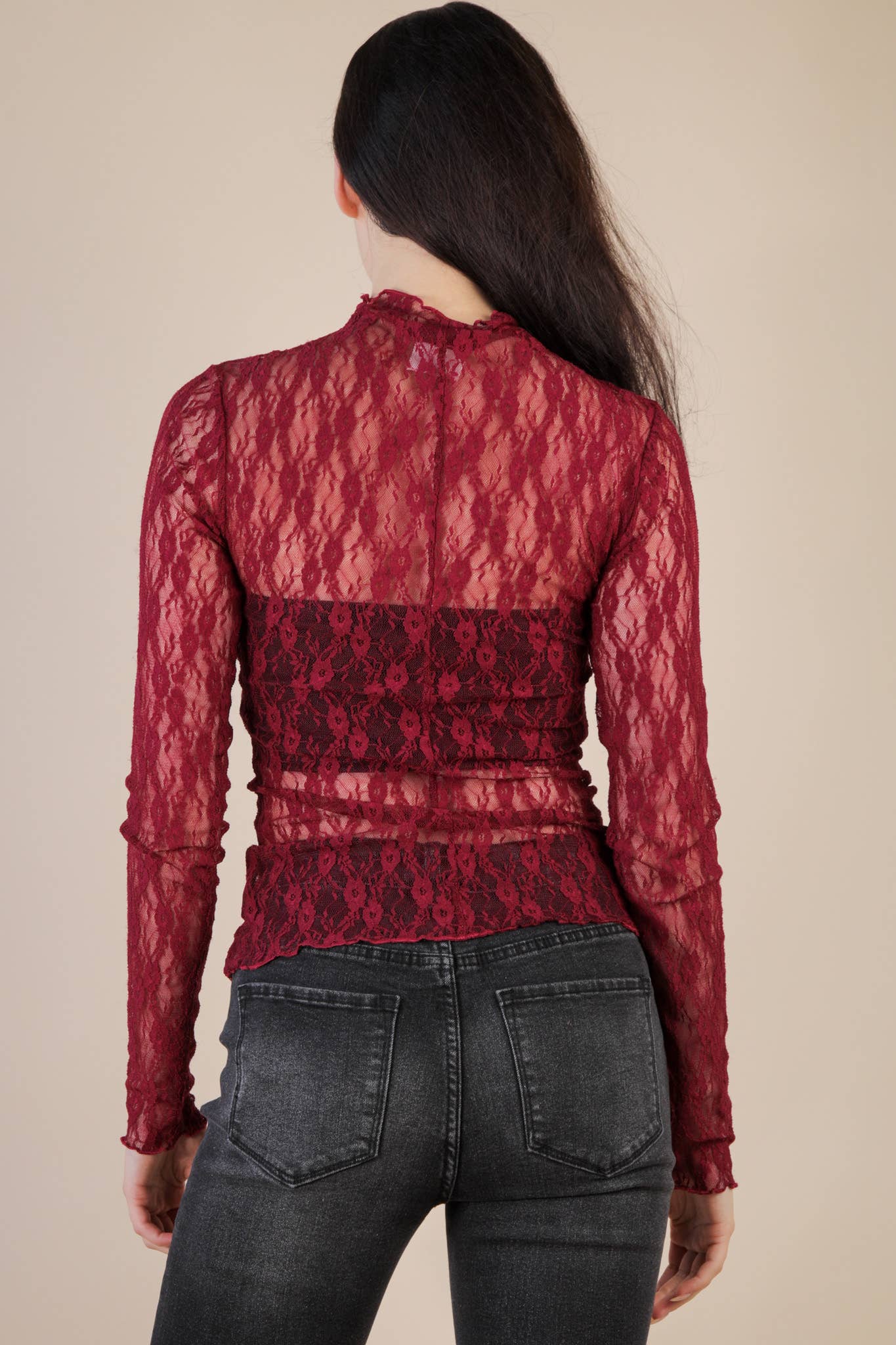 High Neck Fitted Sheer Mesh Lace Knit Top: BLACK BOW