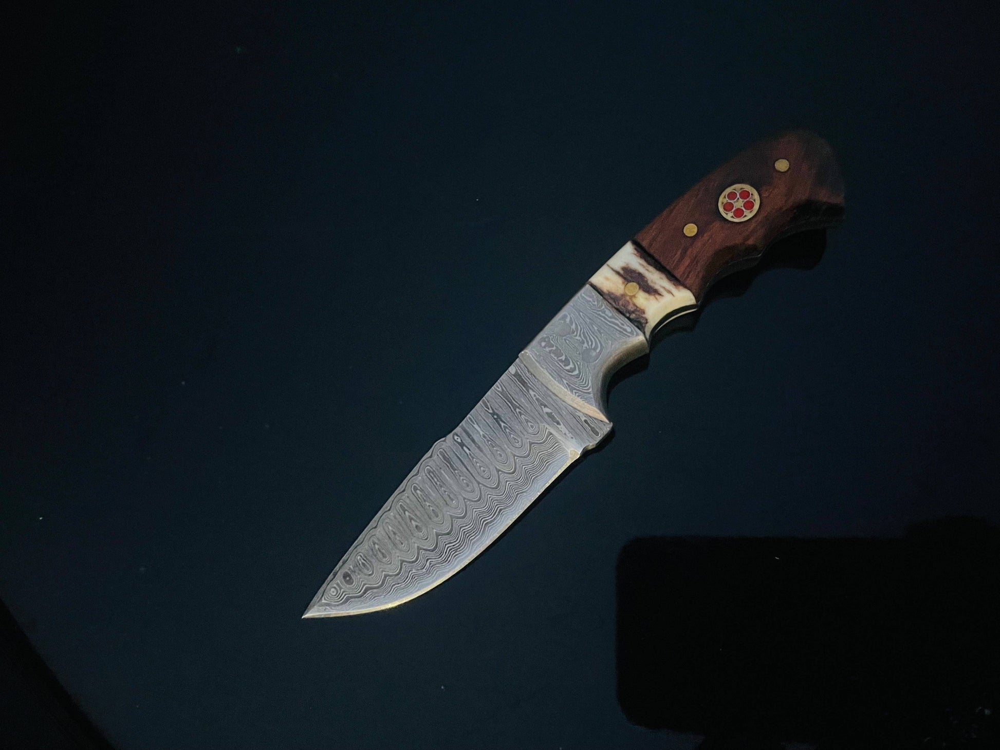 DAMASCUS STEEL FIXED BLADE KNIFE WITH WALNUT & STAG HORN HANDLE