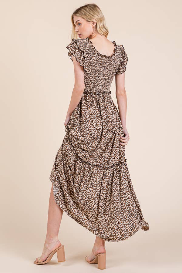 Leopard Ruffle Sleeve Tiered Maxi Dress