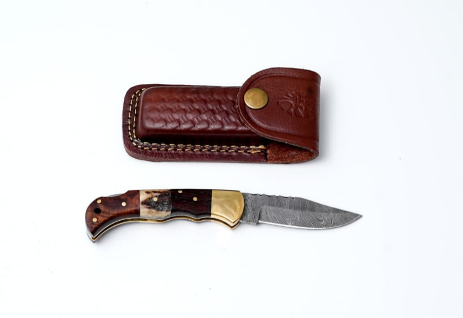 POCKET KNIFE WALNUT WOOD & STAG 6.5'' DAMASCUS STEEL TF-019