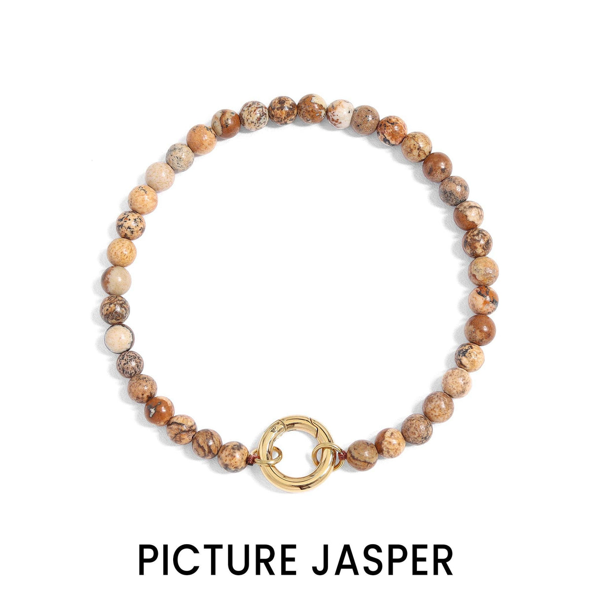 18K Gold PVD Stainless Steel Semi Precious Natural Stone Charm Keeper Bracelet: Gold / Picture Jasper WJW