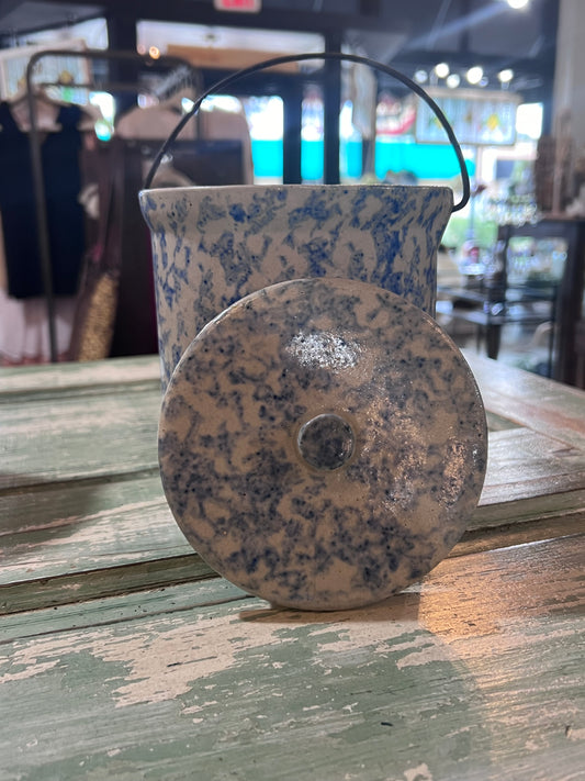 Antique Early Tall Blue White Spongeware Butter Pantry Crock w lid and handle