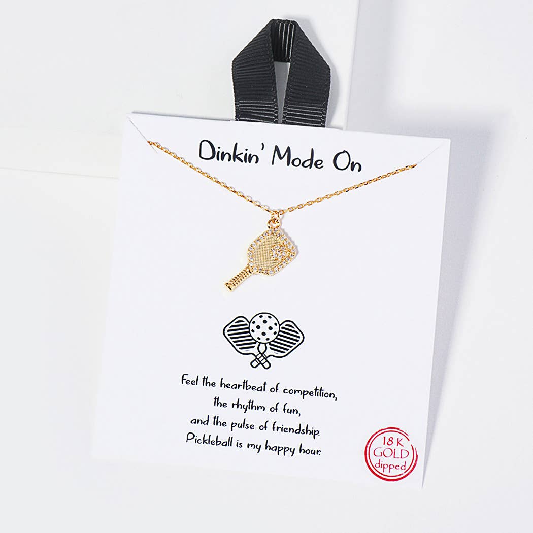 Dinkin Mode On pickleball cubic zirconia dainty charm neckla: Gold / ONE SIZE