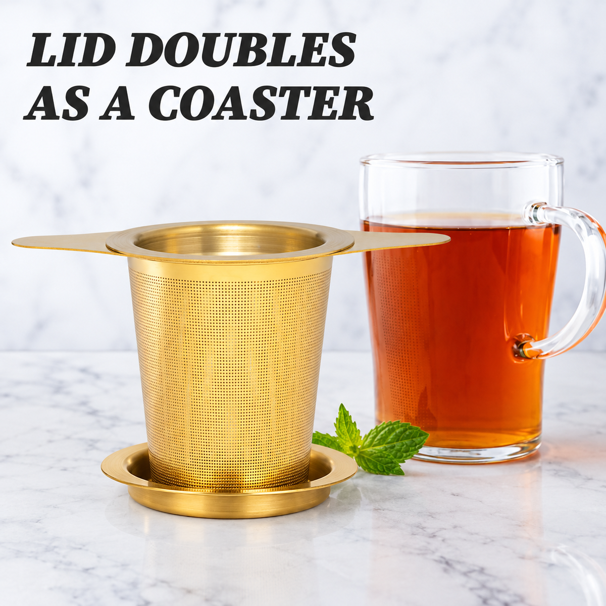 Extra Fine Gold Stainless Steel Large Mesh Tea Infuser w/Lid Roots And Leaves