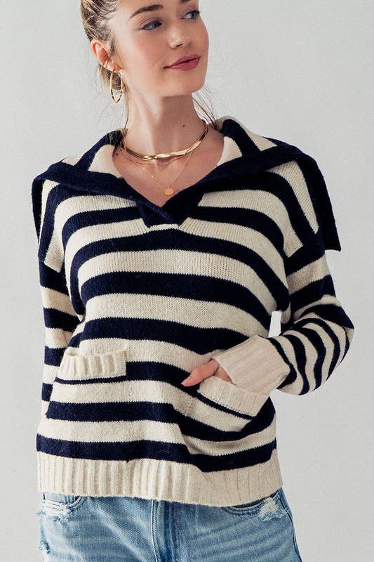 Madison Sailor Collar Stripe Knit Sweater: Navy
