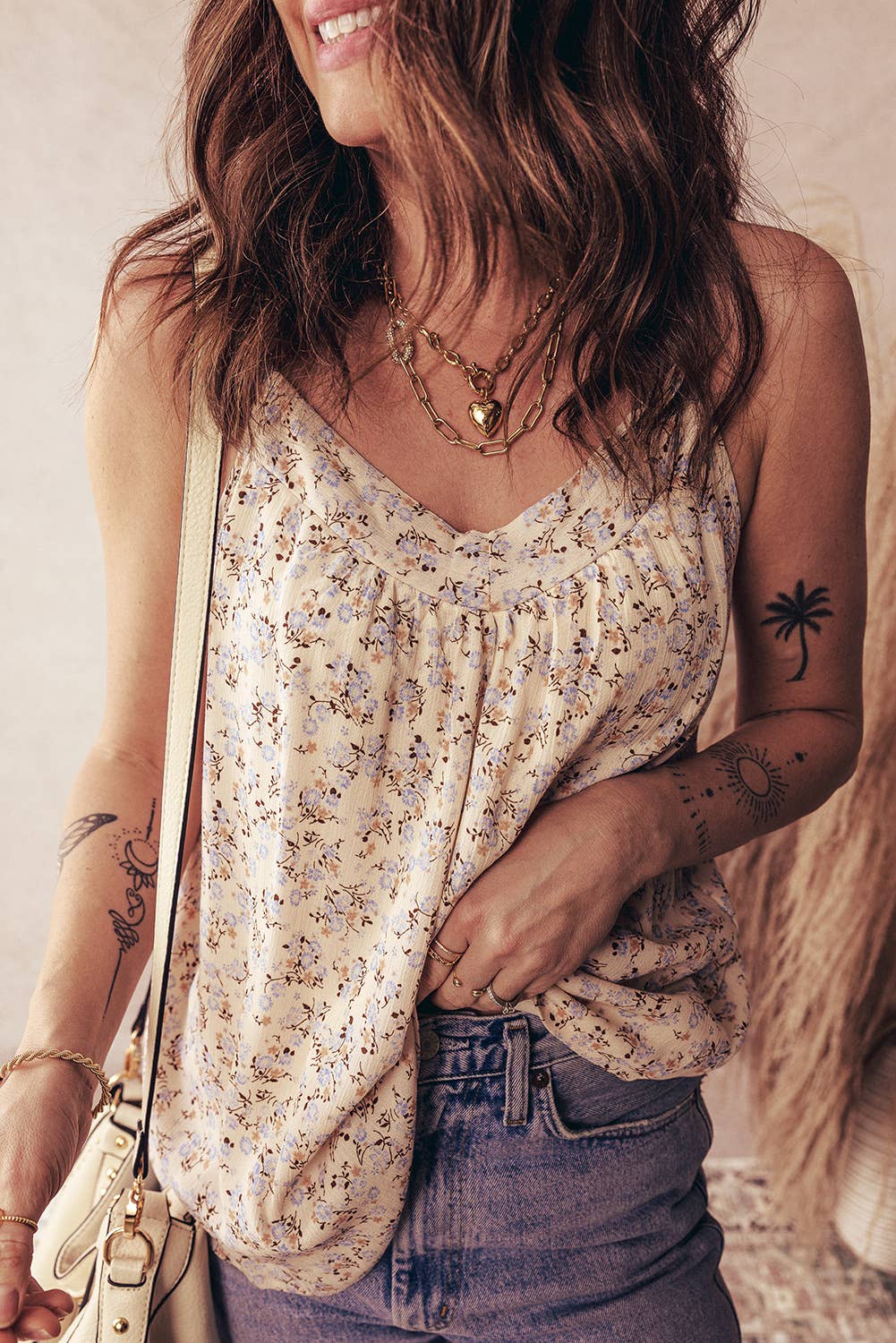 Spring 2026 Boho Floral Spaghetti Straps Tank Top: Apricot / S