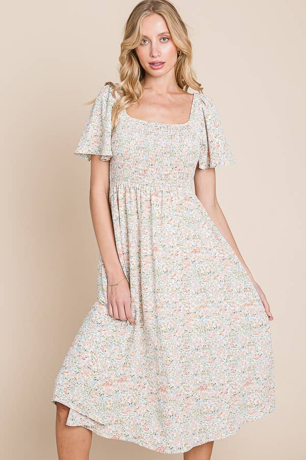 Floral Print Butterfly Sleeve Square Neck Smocked Midi Dress: CREAM