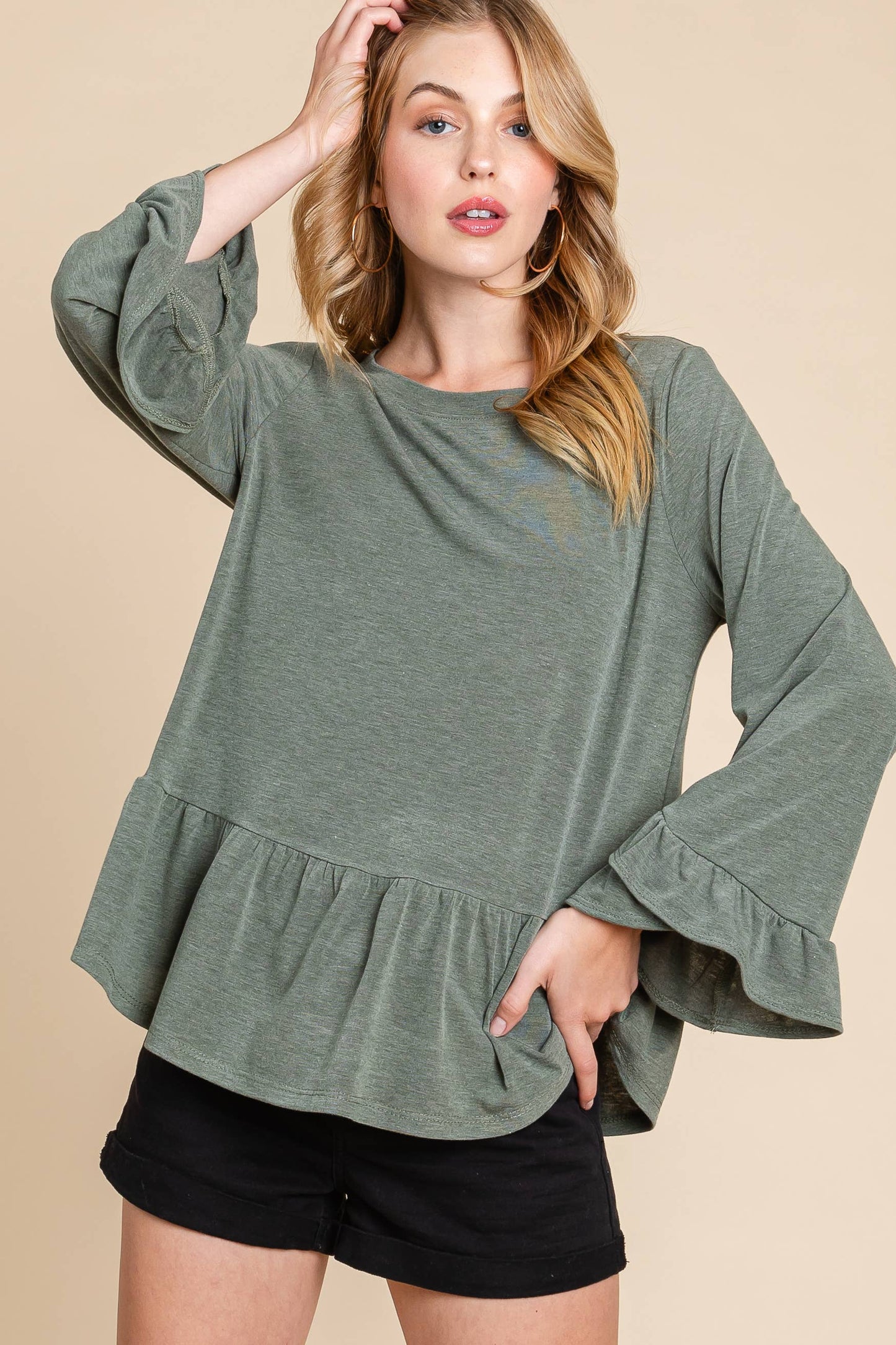 Solid Babydoll Ruffle Hem Top: Olive