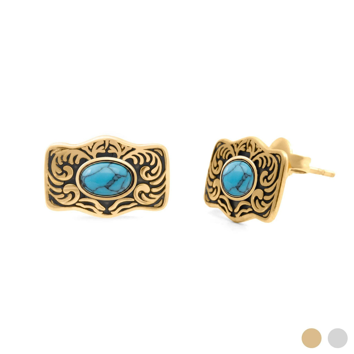 Gold Stainless Steel Turquoise Stone Buckle Stud Earrings: Stainless WJW