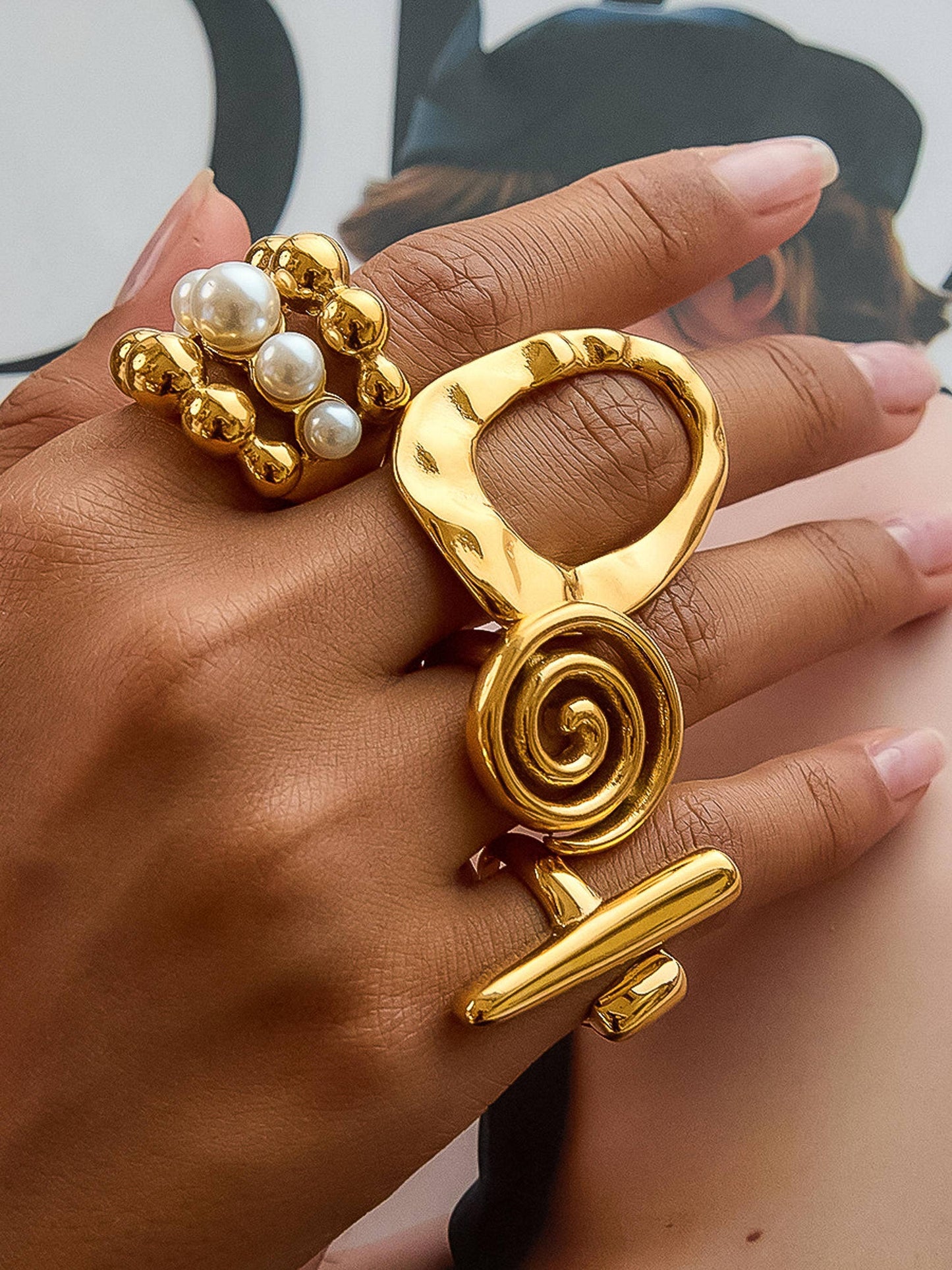 18K Gold Non-Tarnish Statement Rings: Emberra-Pearl
