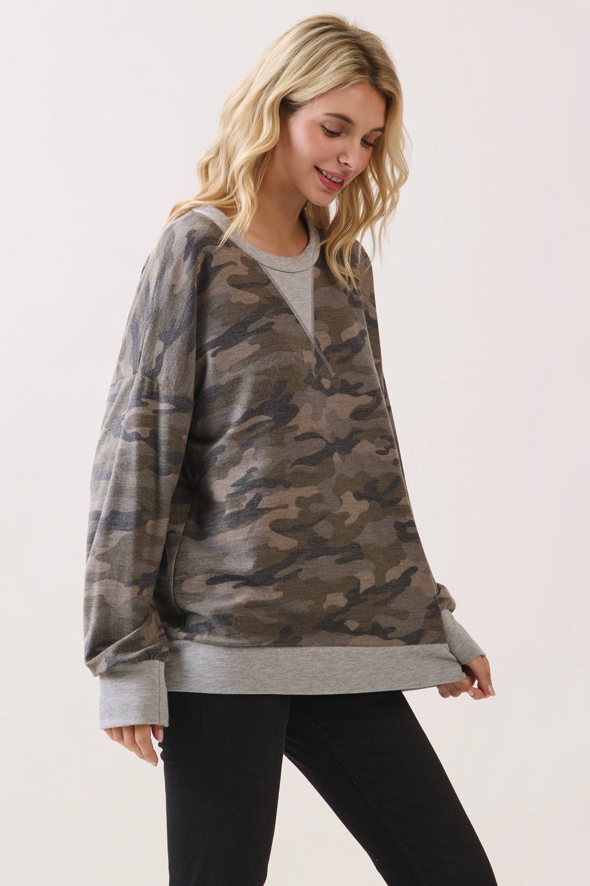 Camo Terry Knit Pullover Top Heather Grey/Camo