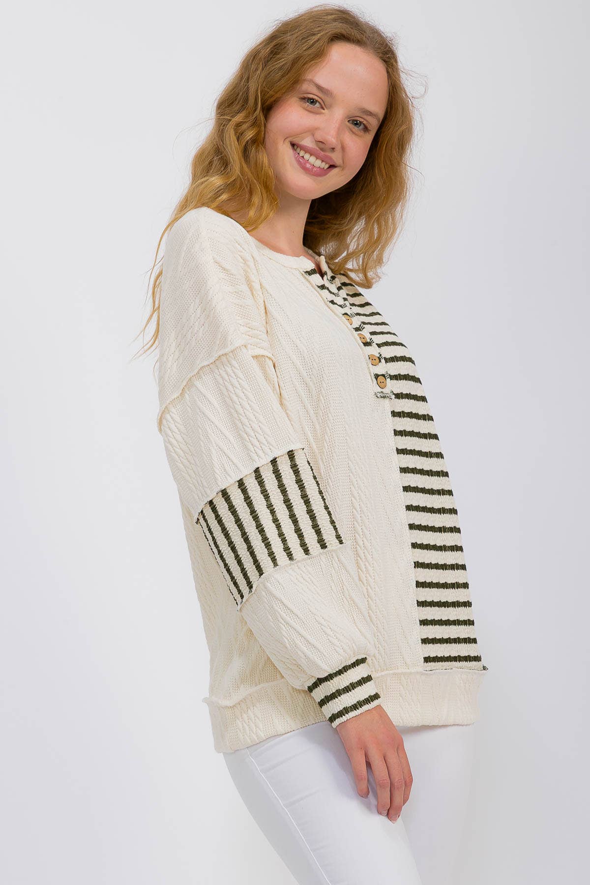 Stripe Cable Knit Patchwork Button Front Pullover Top Olive