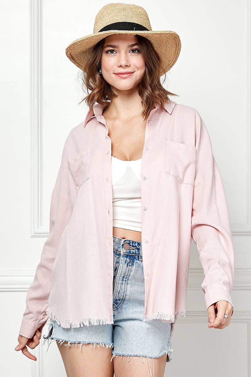 Pink Solid Frayed Hem Long Sleeve Button Down Shirt