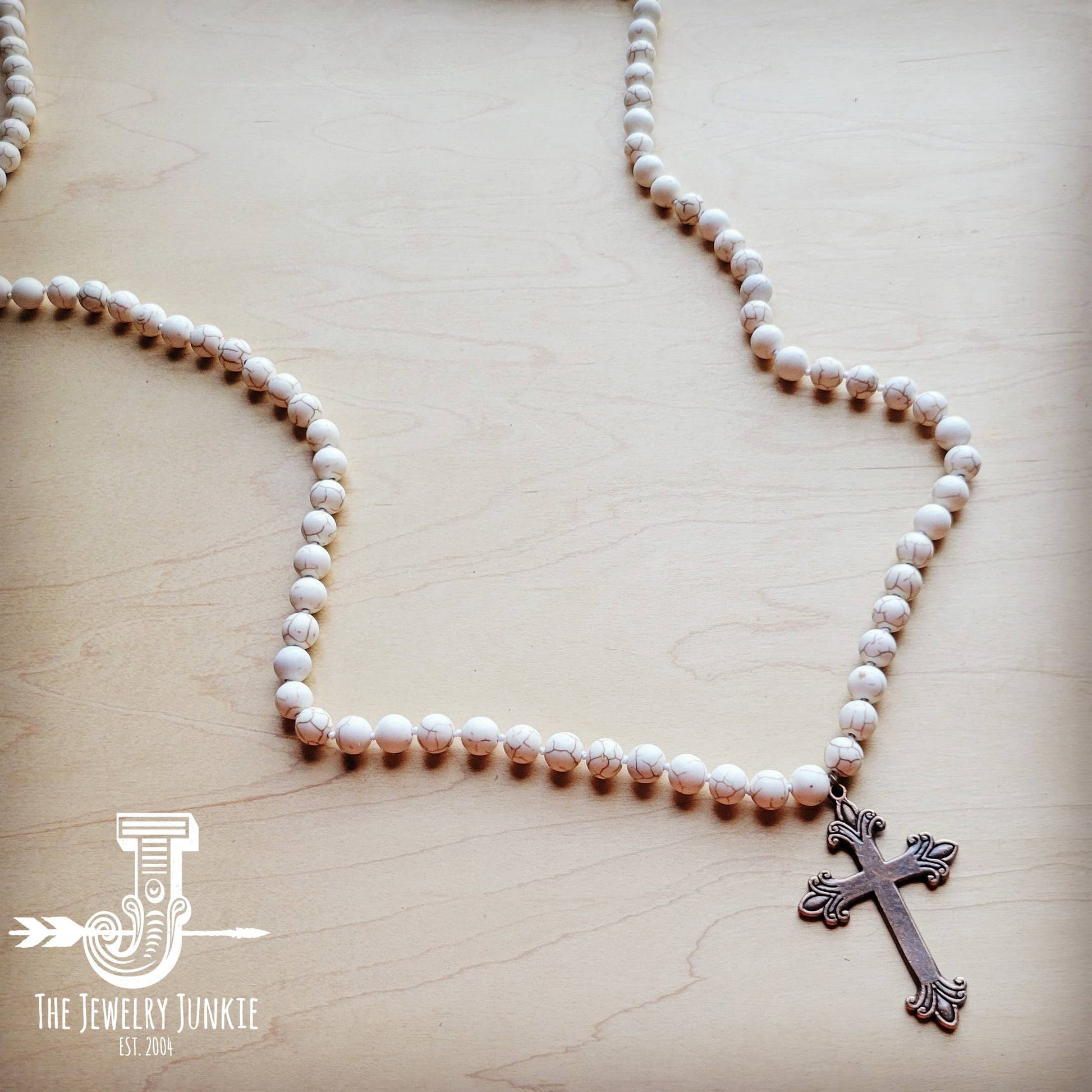 Long White Turquoise Beaded Necklace w/ Copper Cross Pendant