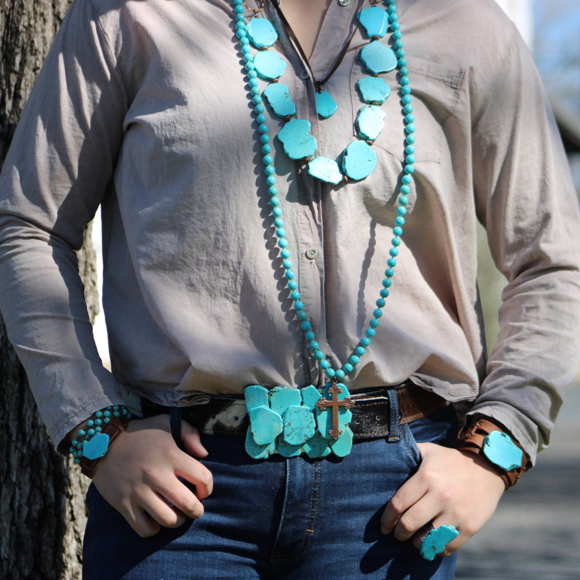 Long Turquoise Beaded Necklace w/ Copper Cross
