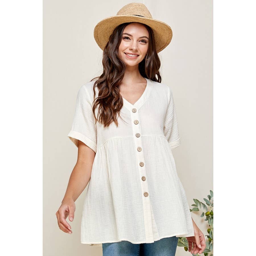 Loose Fit Ivory V-Neck Short Sleeve Button Down Top