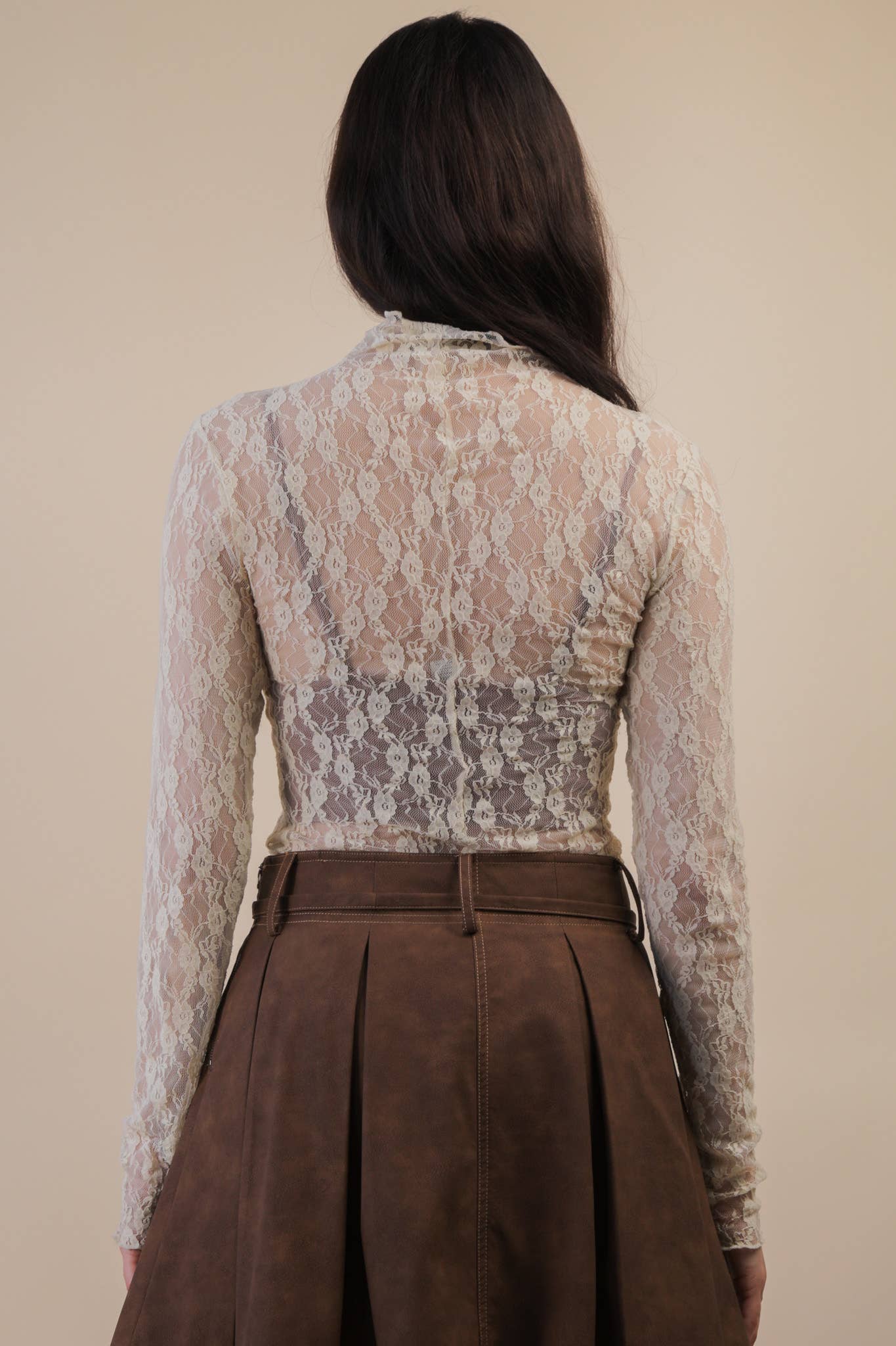 High Neck Fitted Sheer Mesh Lace Knit Top: CHAMPAGNE