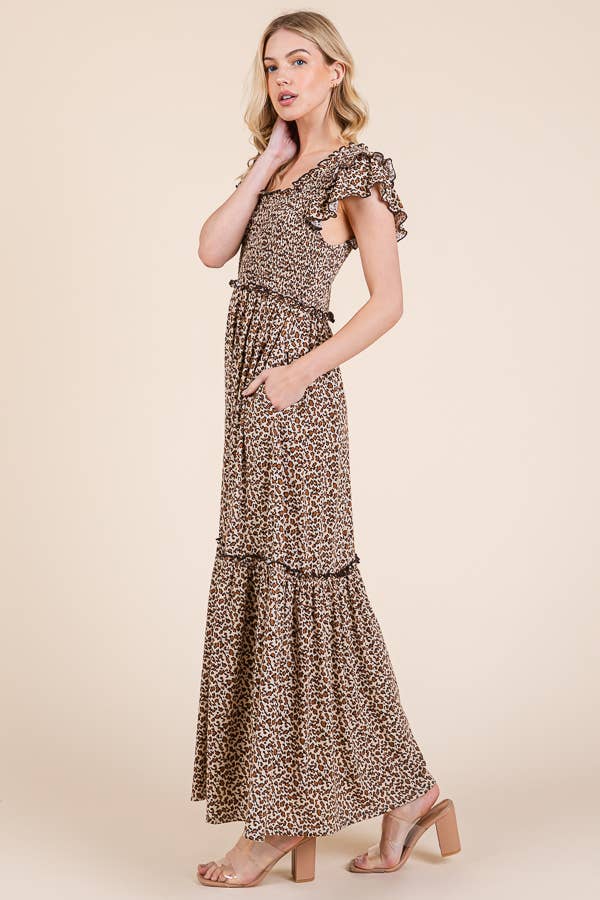 Leopard Ruffle Sleeve Tiered Maxi Dress