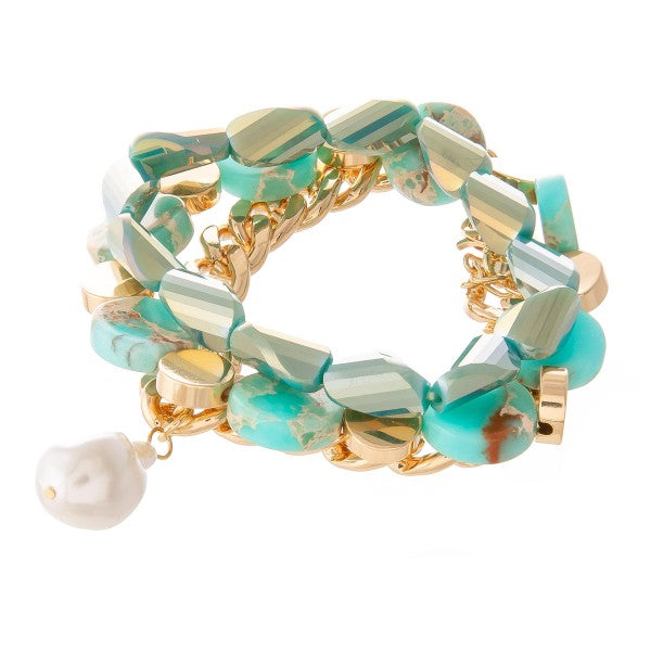 Chunky Semi Precious Pearl Chain Link Statement Bracelet Set Green